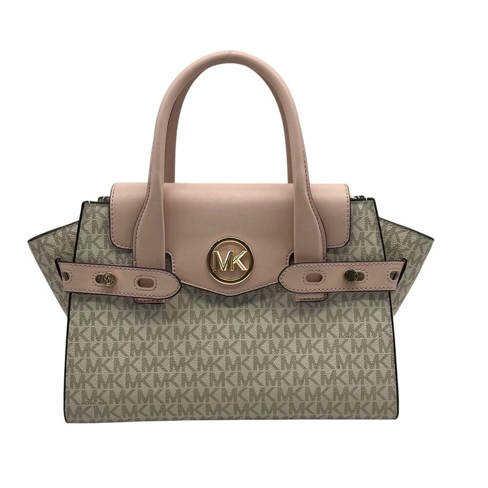 Michael Kors Carmen Vanilla/Powder Blush Signature Canvas Medium Belted Satchel